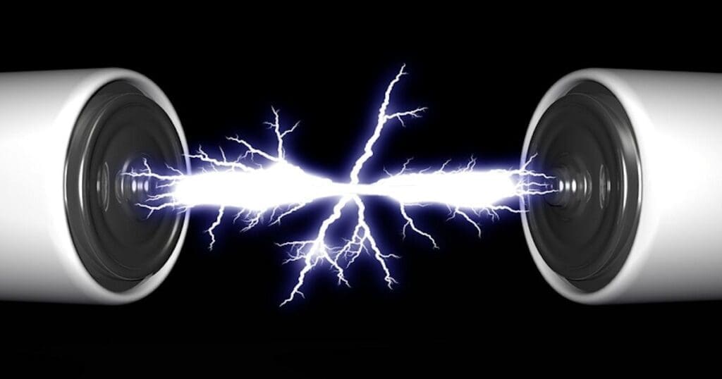 Spark arcing between two cylindrical batteries