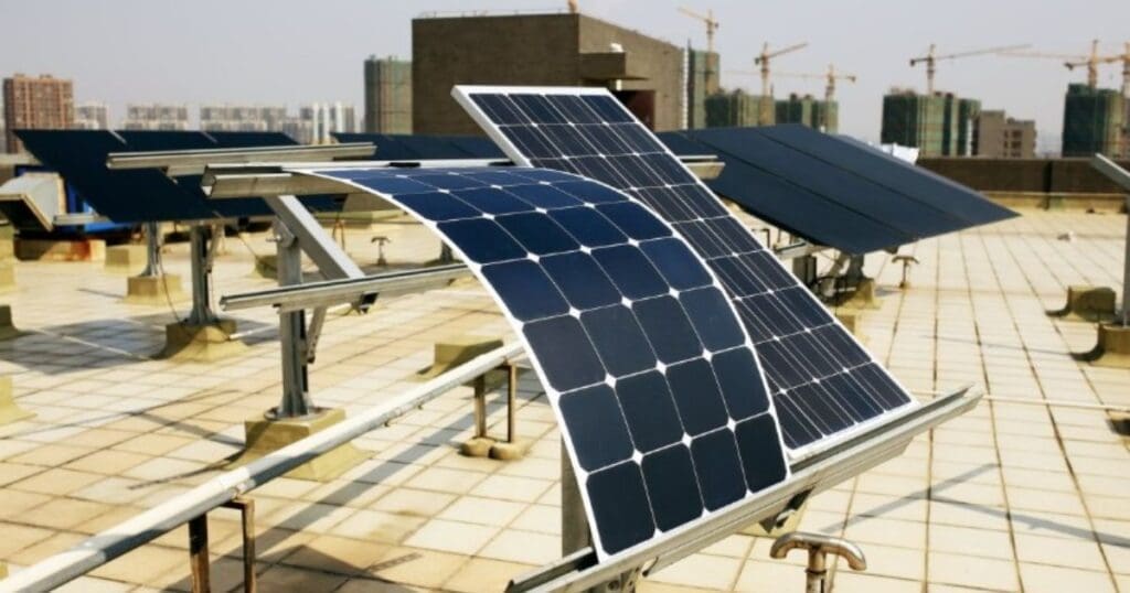 Flexible solar panels mounted on city rooftop
