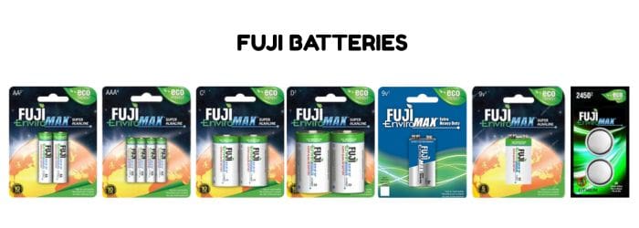 Fuji EnviroMax Batteries. Cell sizes AA, AAA, C, D, 9 volt and coin cells.