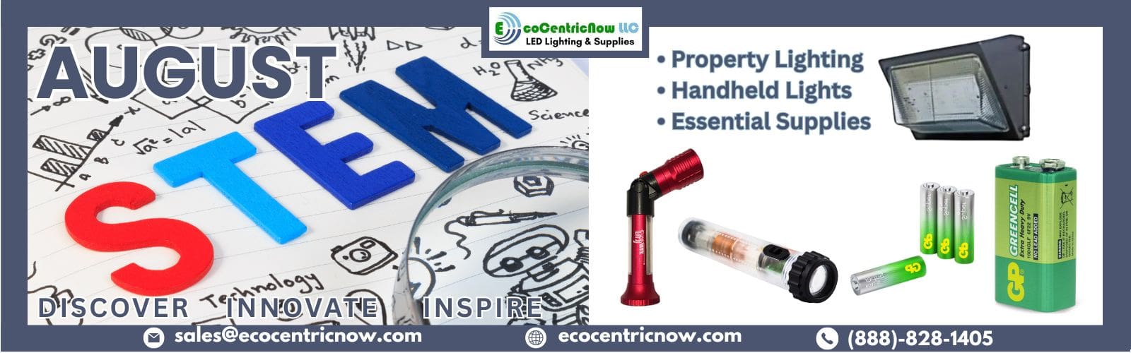 August hero banner for EcoCentricNow website. Showcasing STEM education and assortment of LED lighting products and batteries.